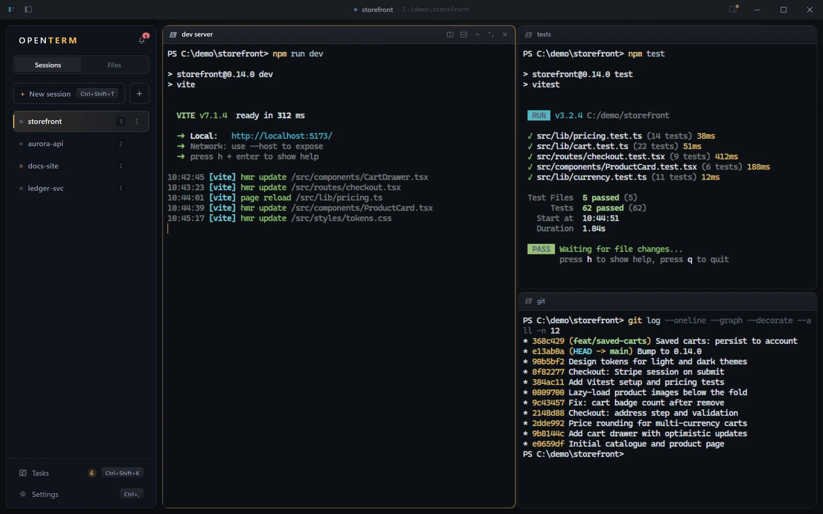 OpenTerm with a dev server, tests and git history side by side