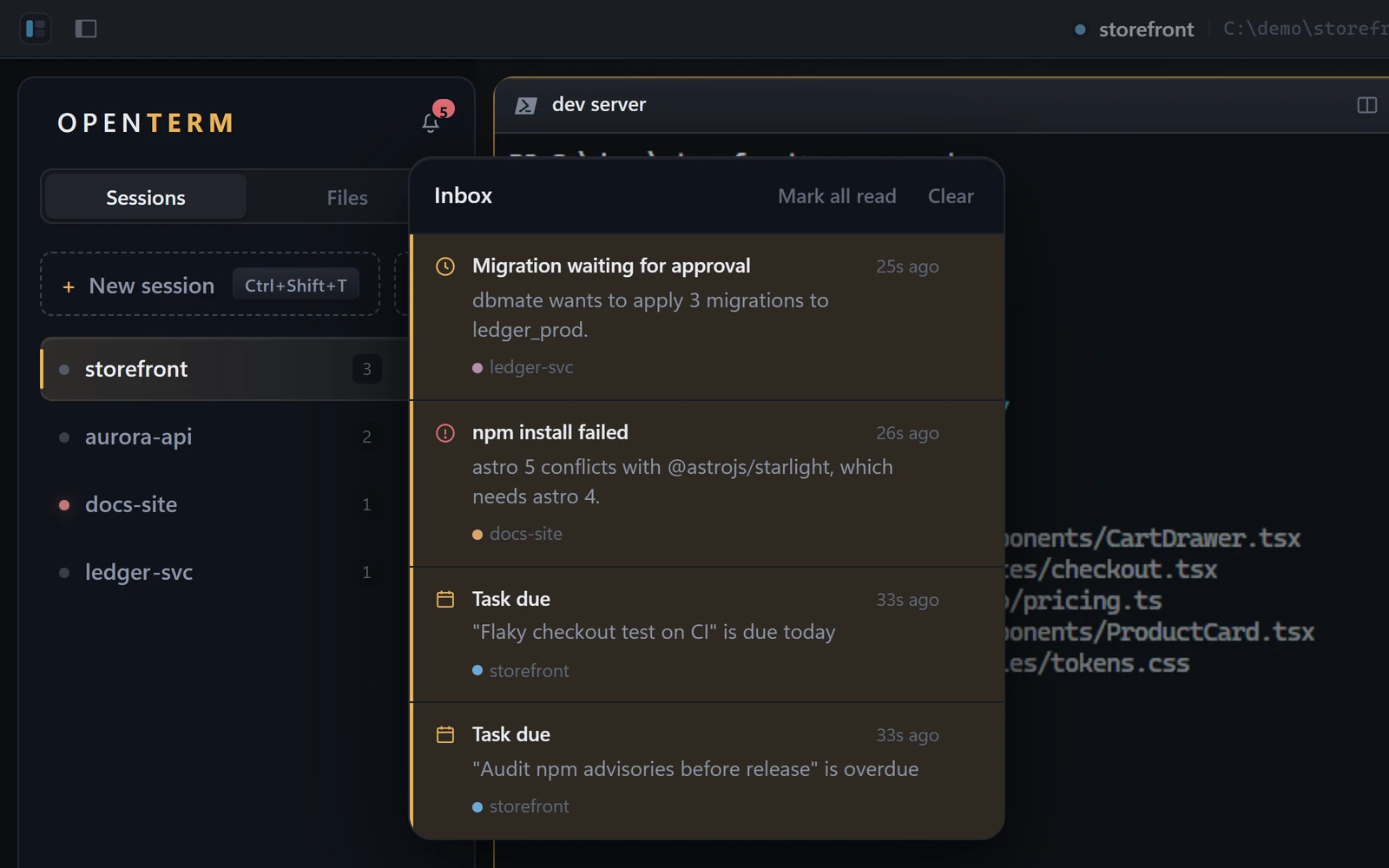 OpenTerm inbox with an approval, a failed install and due tasks