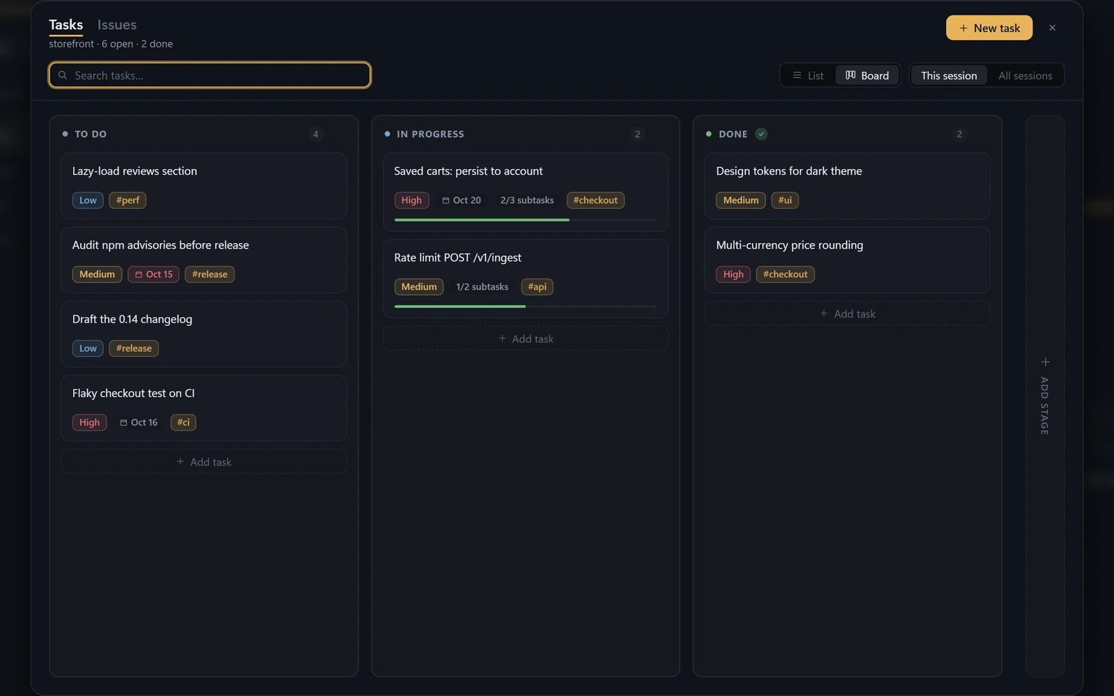 OpenTerm task board with To do, In progress and Done columns